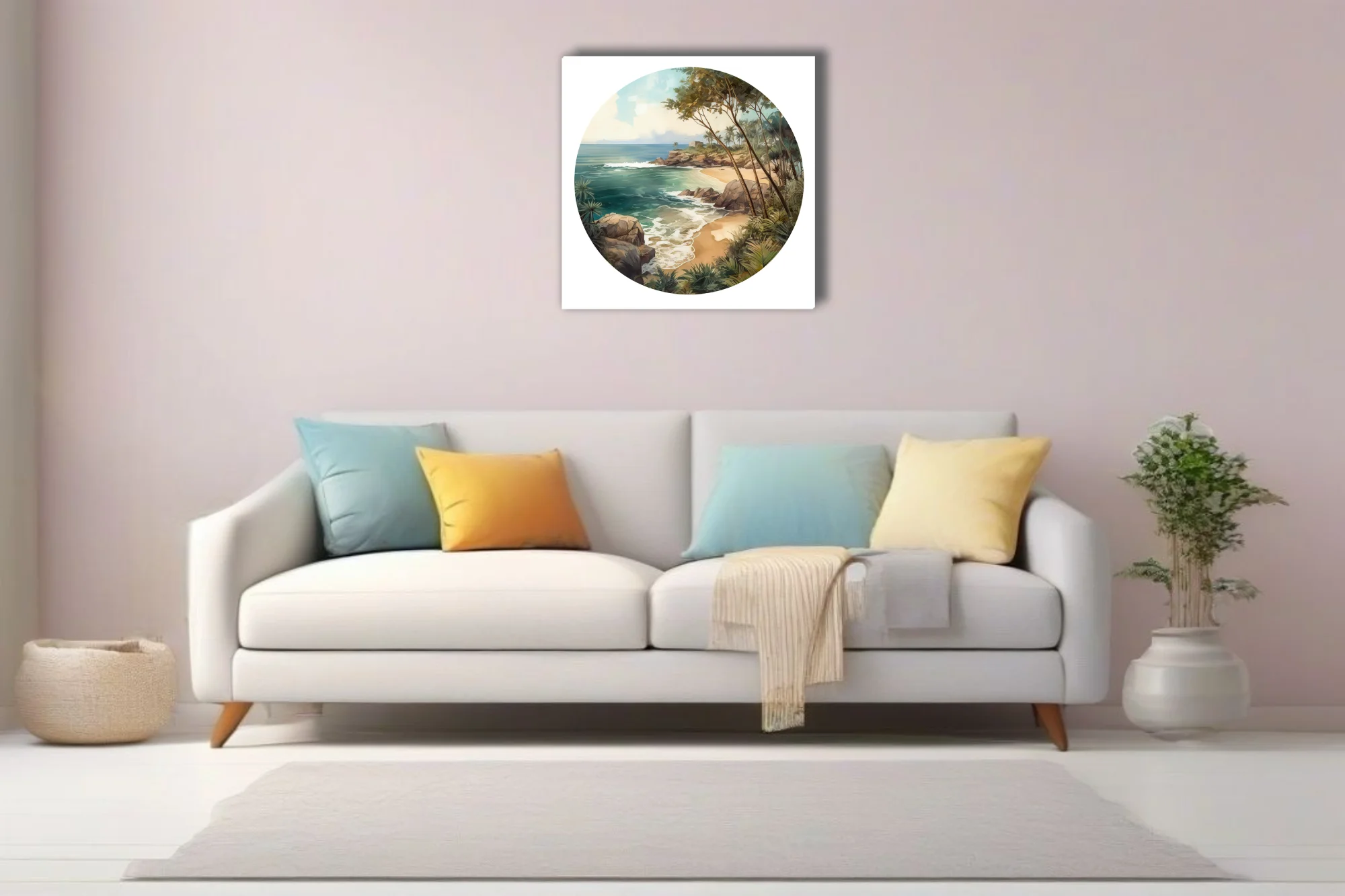 Graphic watercolor-style tropical beach cove with teal ocean, rocks, and lush palms