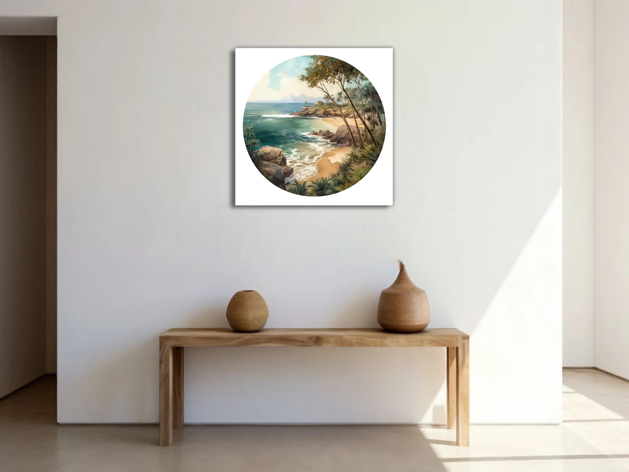 Graphic watercolor-style tropical beach cove with teal ocean, rocks, and lush palms