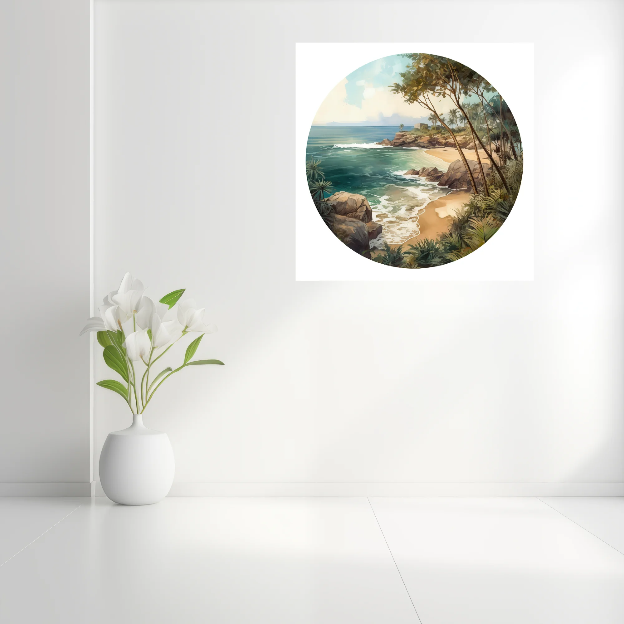 Graphic watercolor-style tropical beach cove with teal ocean, rocks, and lush palms