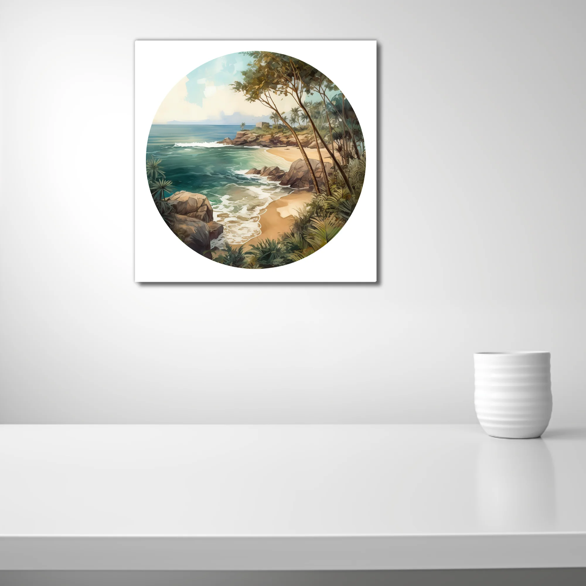 Graphic watercolor-style tropical beach cove with teal ocean, rocks, and lush palms