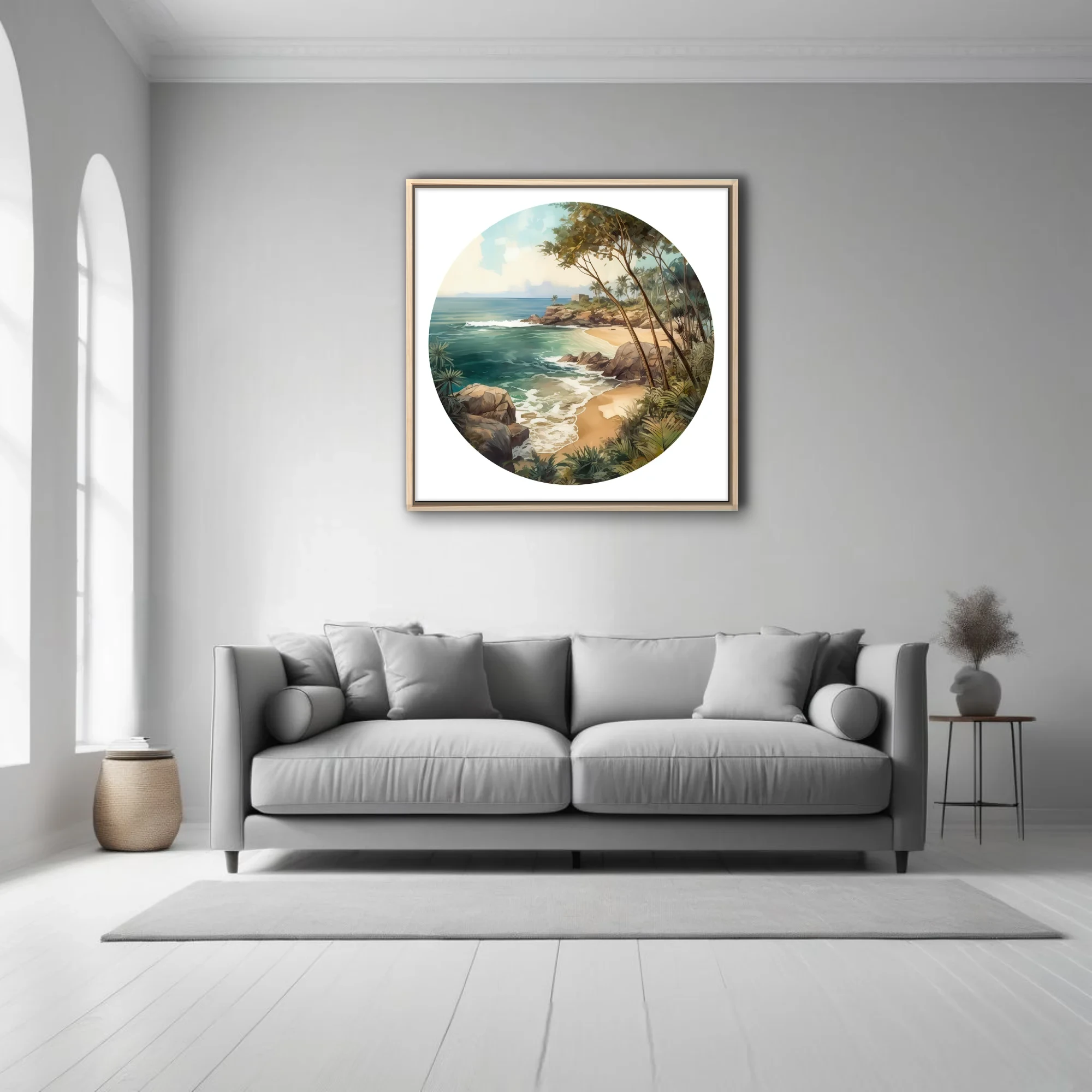 Graphic watercolor-style tropical beach cove with teal ocean, rocks, and lush palms