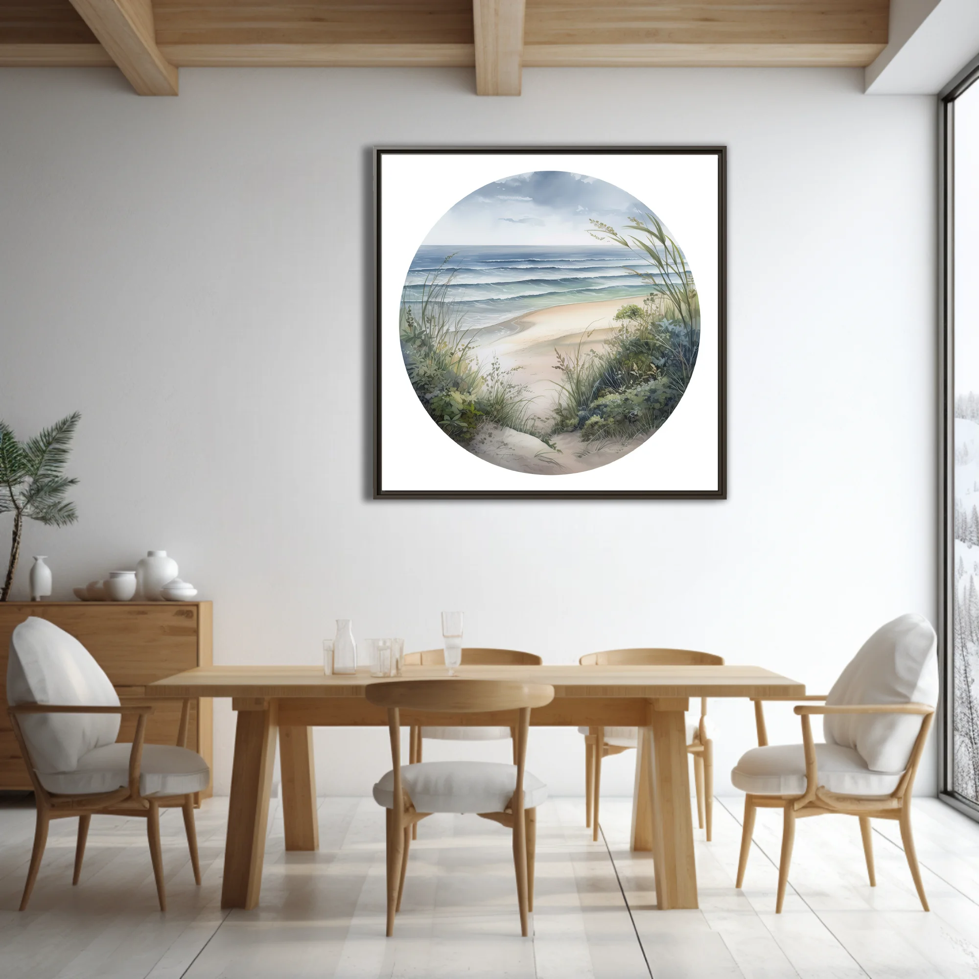 Watercolor-style coastal beach scene with sea grasses, ocean waves, and overcast sky