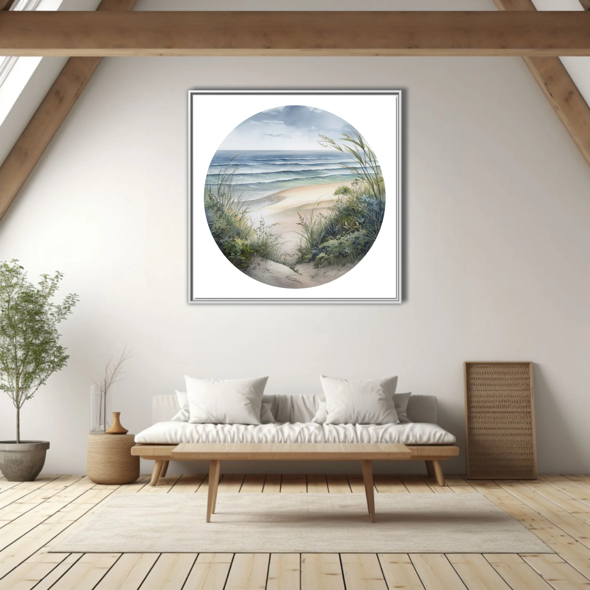 Watercolor-style coastal beach scene with sea grasses, ocean waves, and overcast sky