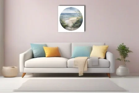 Watercolor-style coastal beach scene with sea grasses, ocean waves, and overcast sky
