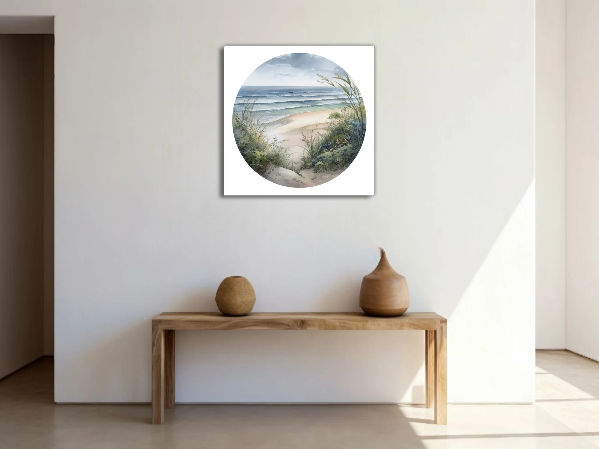 Watercolor-style coastal beach scene with sea grasses, ocean waves, and overcast sky
