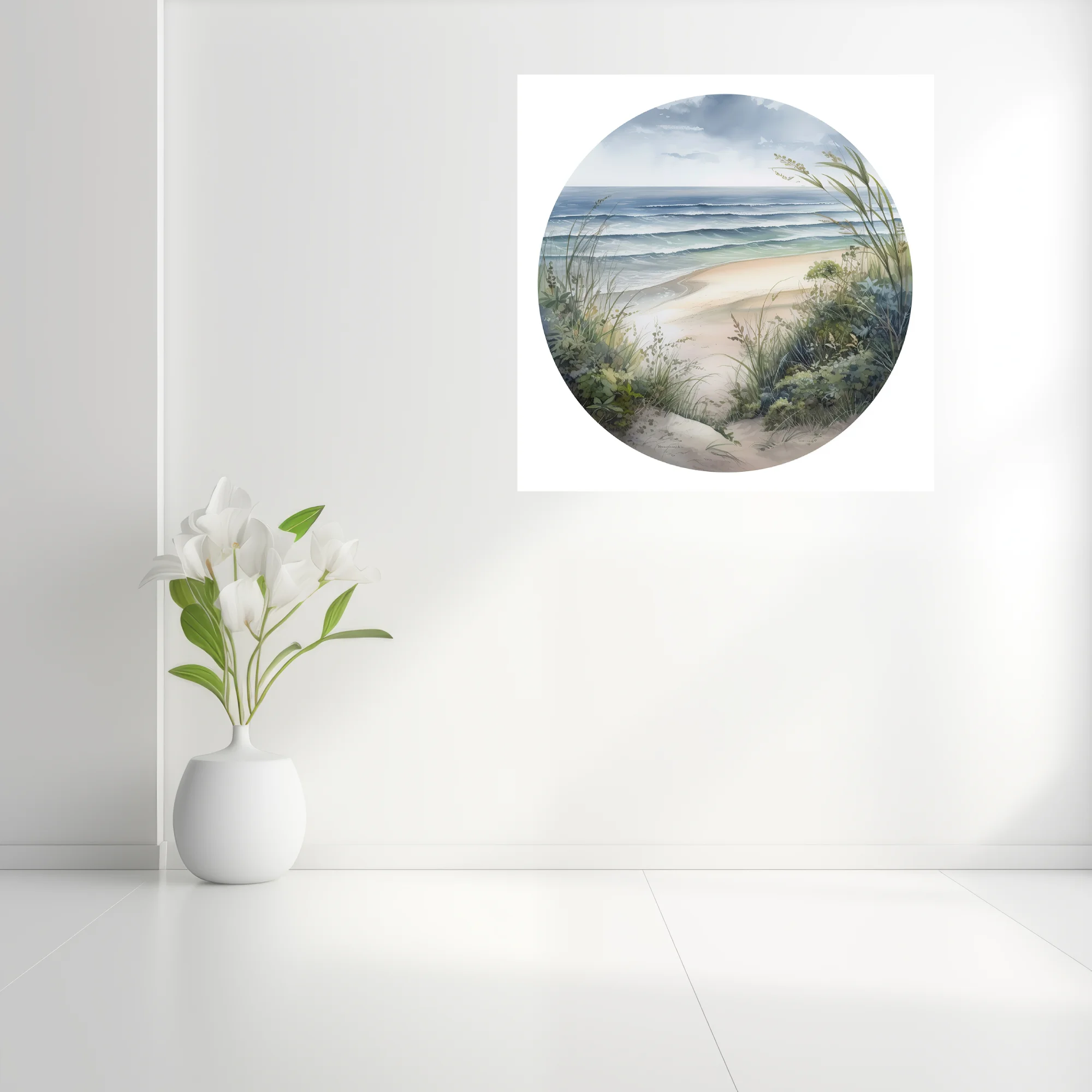 Watercolor-style coastal beach scene with sea grasses, ocean waves, and overcast sky