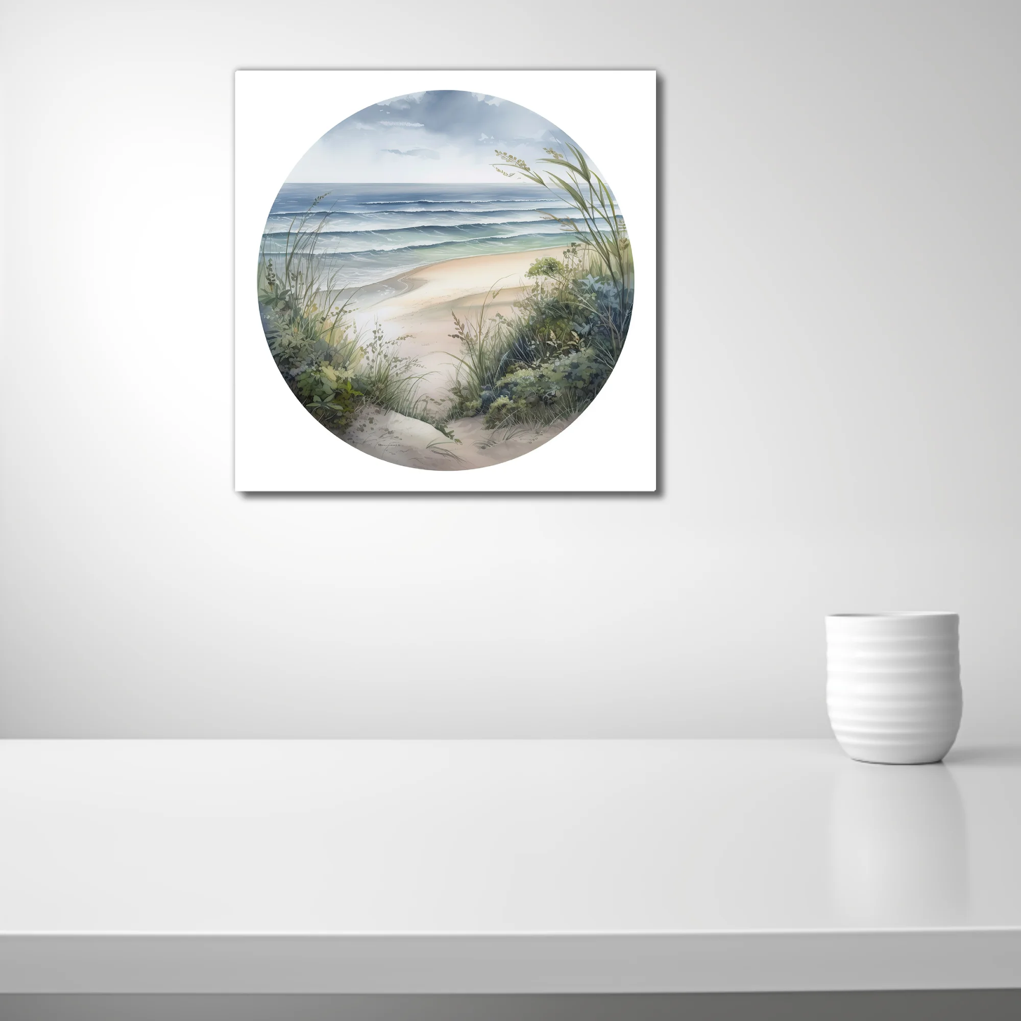 Watercolor-style coastal beach scene with sea grasses, ocean waves, and overcast sky