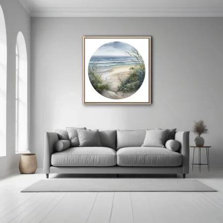Watercolor-style coastal beach scene with sea grasses, ocean waves, and overcast sky