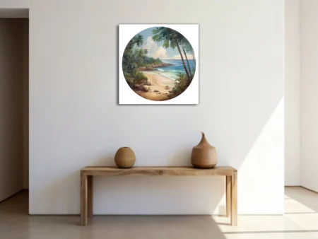 Painterly tropical beach illustration, turquoise ocean, palm trees, sandy cove, lush greenery