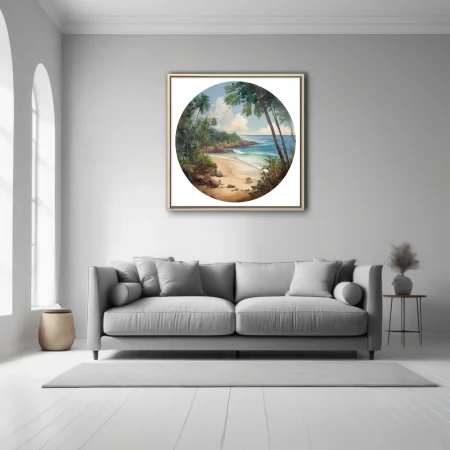 Painterly tropical beach illustration, turquoise ocean, palm trees, sandy cove, lush greenery