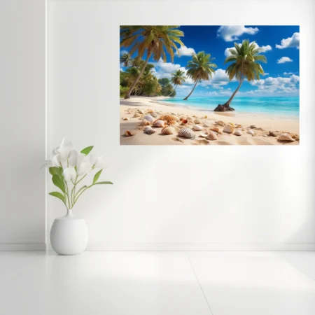 Tropical beach with palm trees, turquoise water, and seashells on white sand