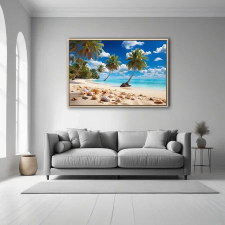 Tropical beach with palm trees, turquoise water, and seashells on white sand
