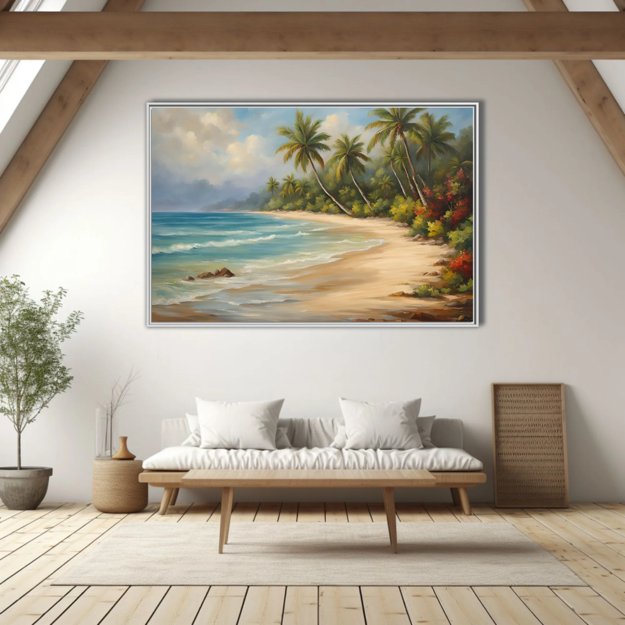 Traditional tropical beach landscape with palms, turquoise sea, and warm sand