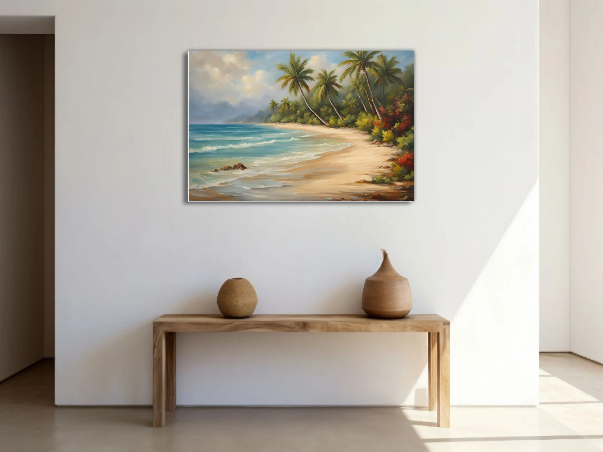 Traditional tropical beach landscape with palms, turquoise sea, and warm sand