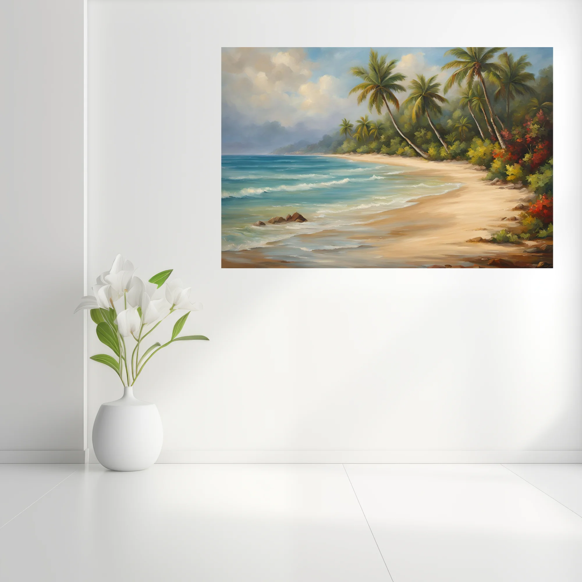 Traditional tropical beach landscape with palms, turquoise sea, and warm sand