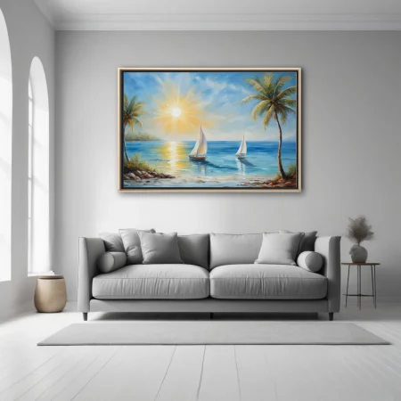 Painterly tropical beach scene with sailboats, palms, and radiant sun in azure and gold tones