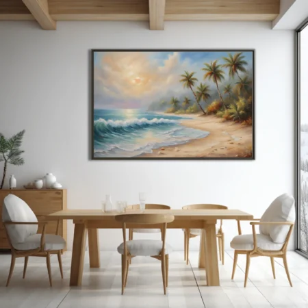 Tropical beach landscape with palms, turquoise surf, and warm golden sunset sky