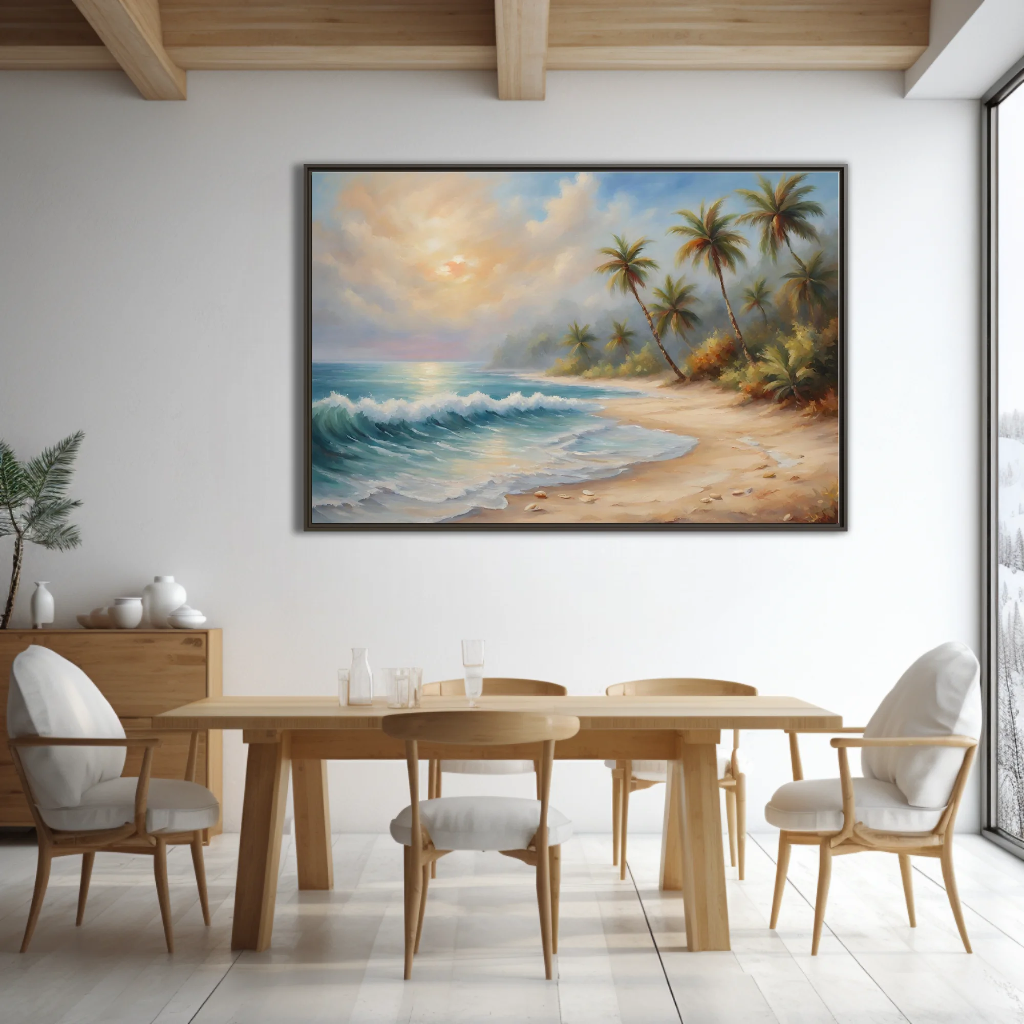 Tropical beach landscape with palms, turquoise surf, and warm golden sunset sky