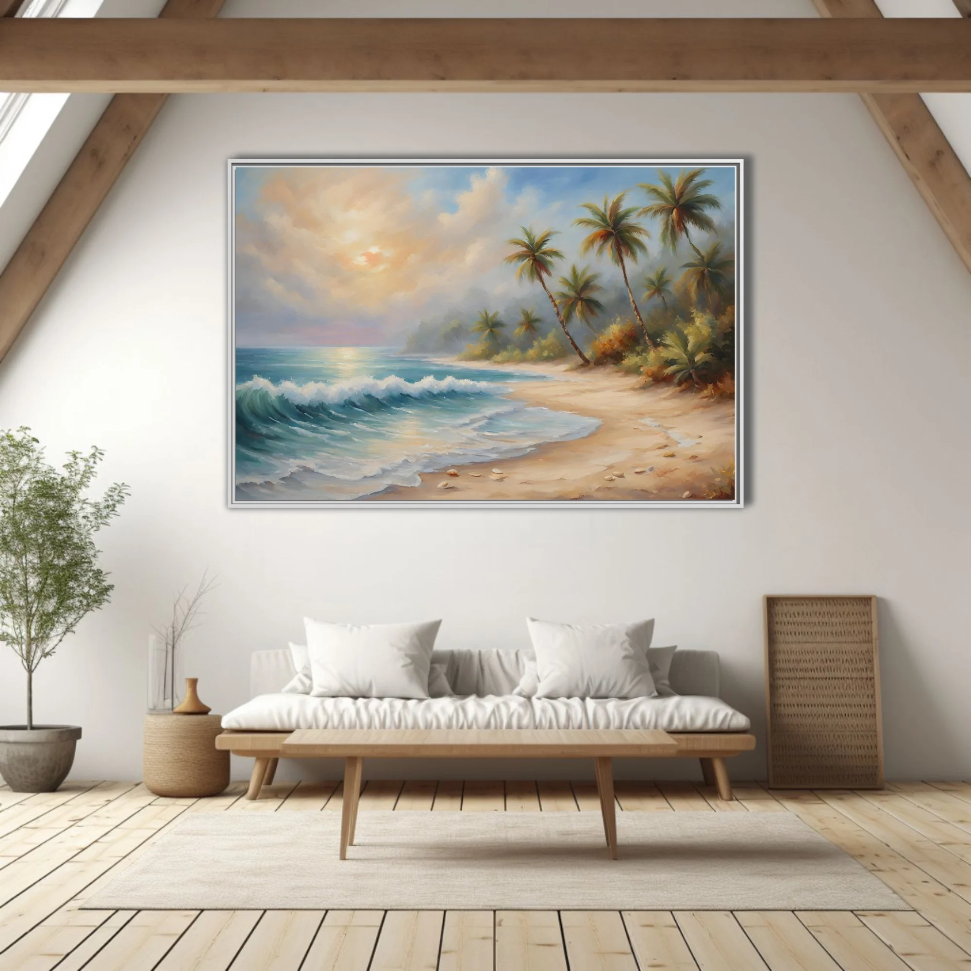 Tropical beach landscape with palms, turquoise surf, and warm golden sunset sky
