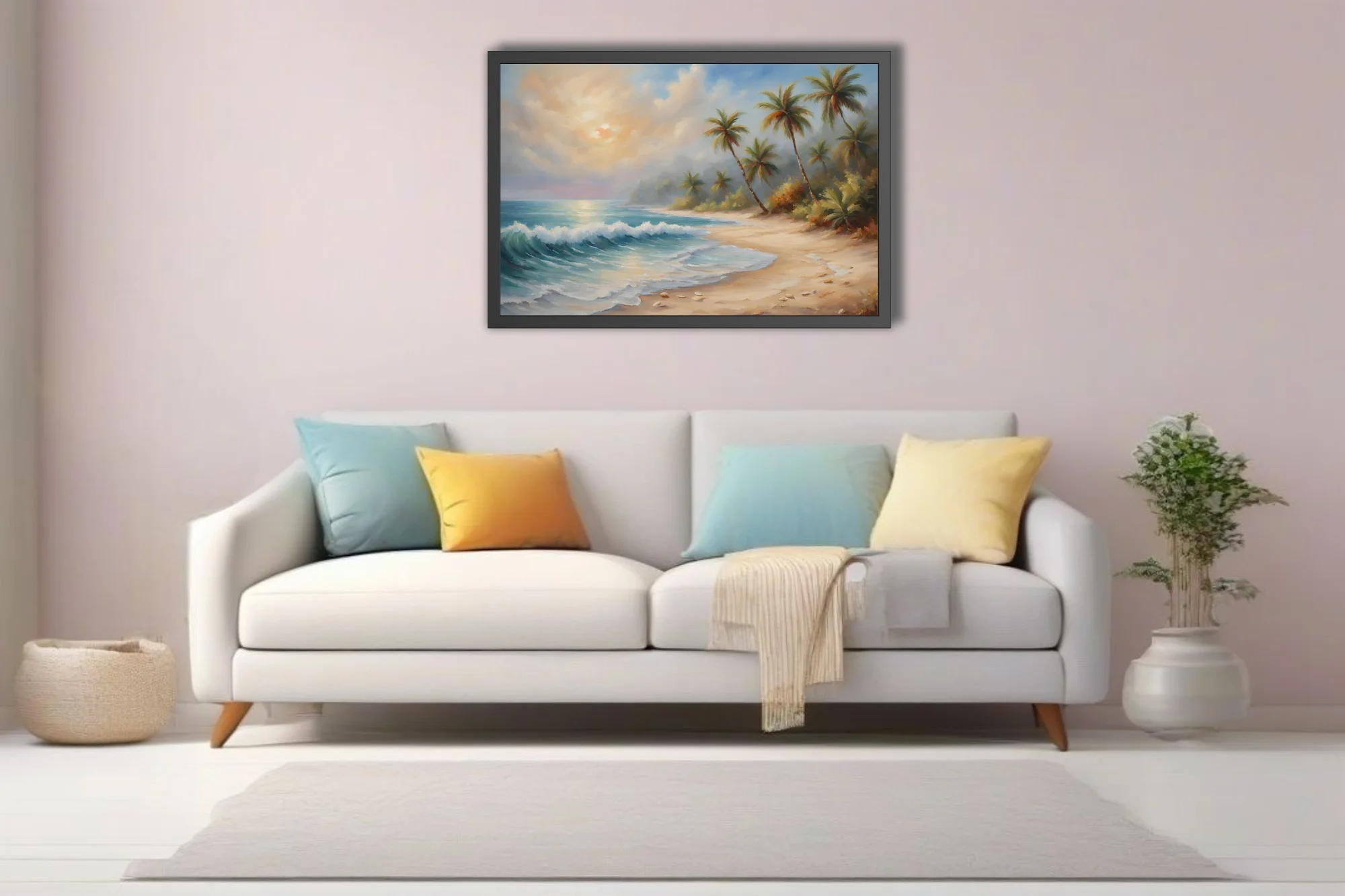 Tropical beach landscape with palms, turquoise surf, and warm golden sunset sky