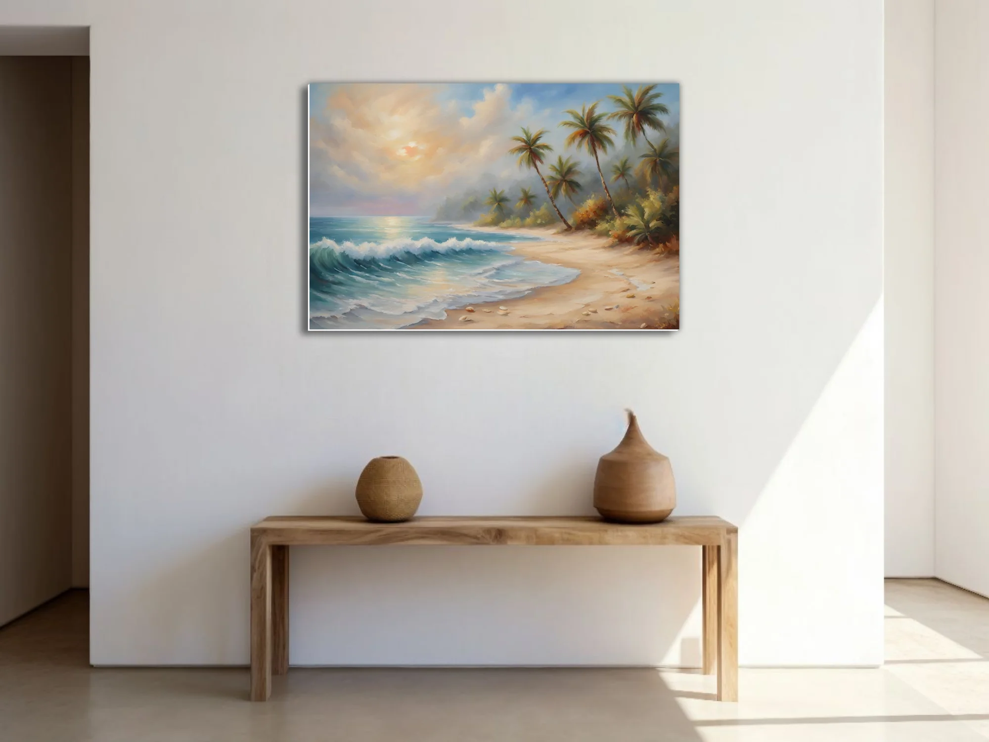 Tropical beach landscape with palms, turquoise surf, and warm golden sunset sky