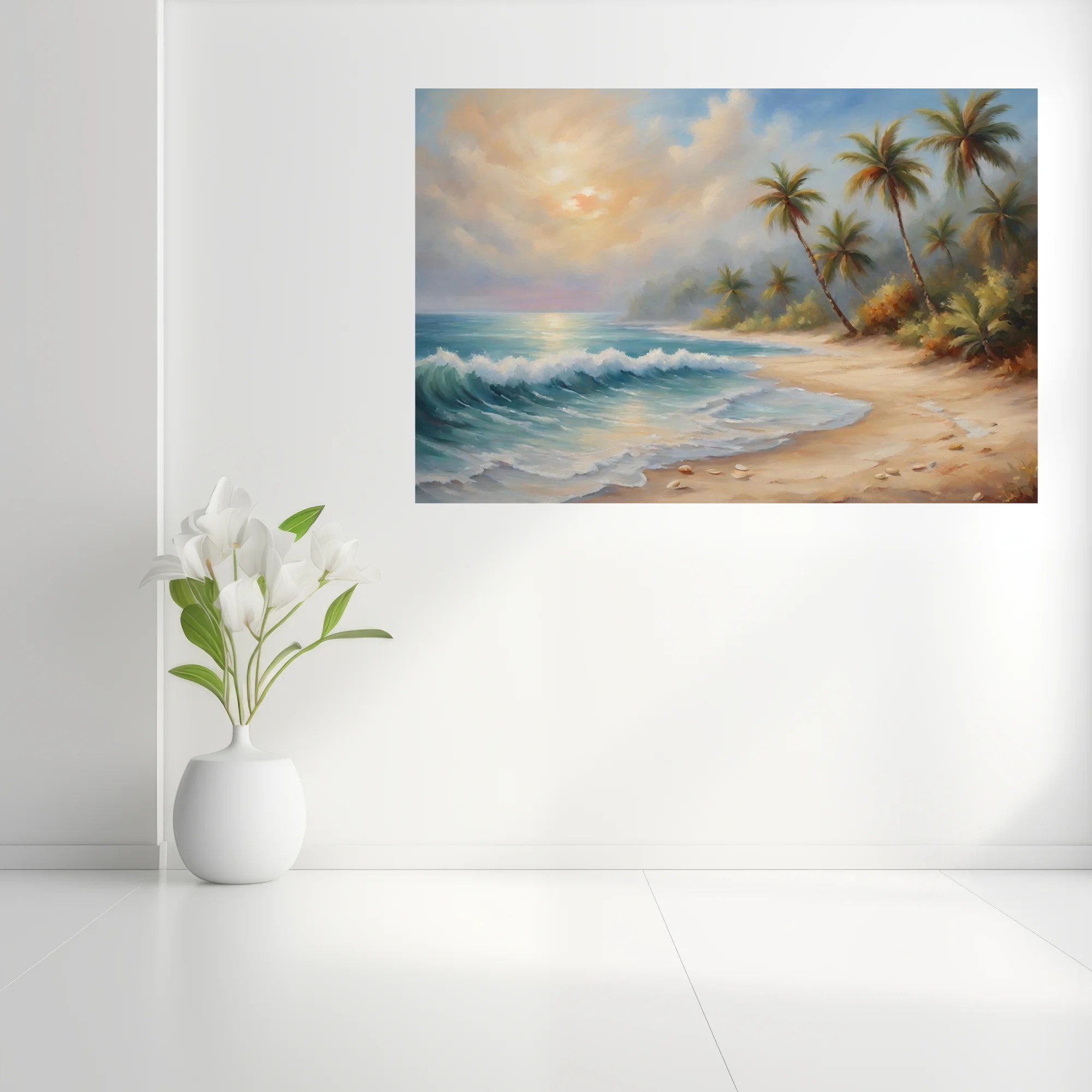 Tropical beach landscape with palms, turquoise surf, and warm golden sunset sky
