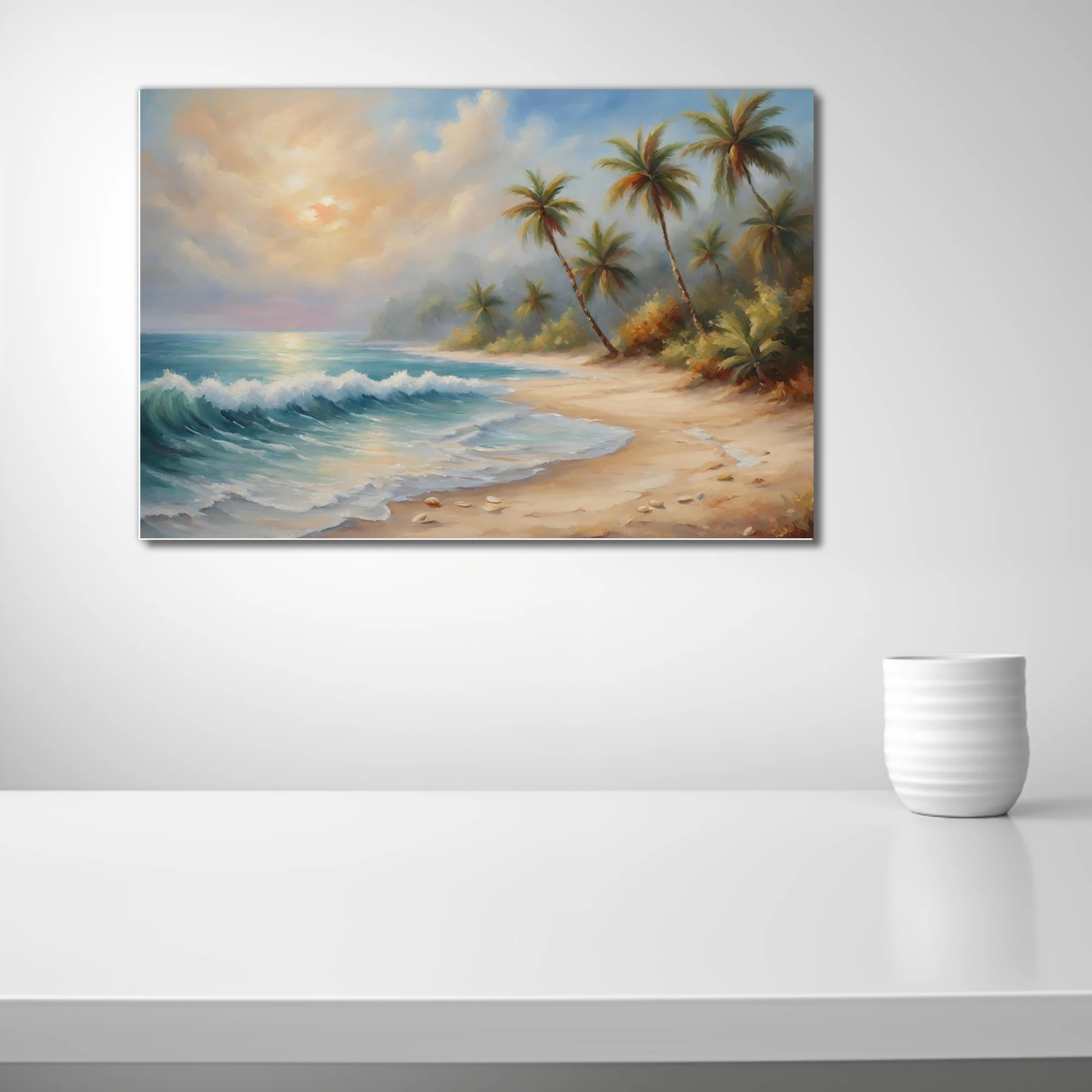 Tropical beach landscape with palms, turquoise surf, and warm golden sunset sky