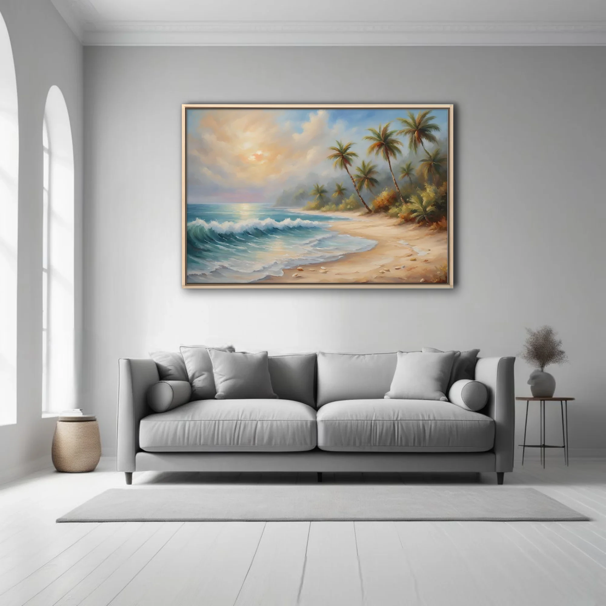 Tropical beach landscape with palms, turquoise surf, and warm golden sunset sky
