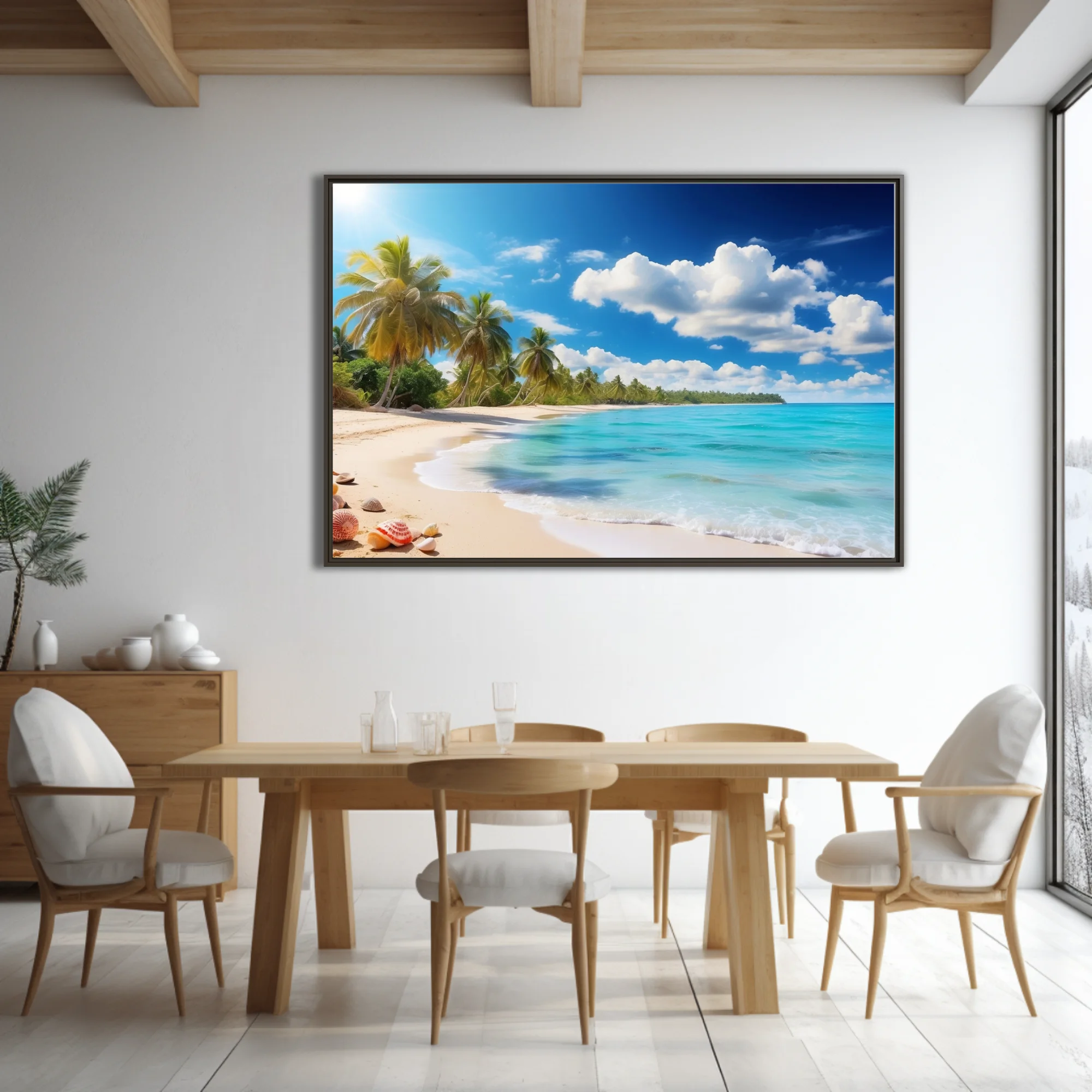Tropical beach with turquoise water, palm trees, and bright blue sky