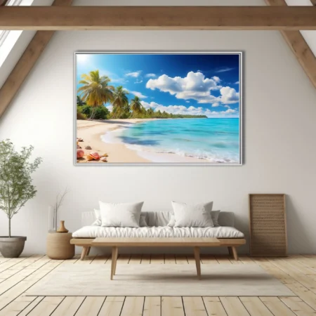 Tropical beach with turquoise water, palm trees, and bright blue sky