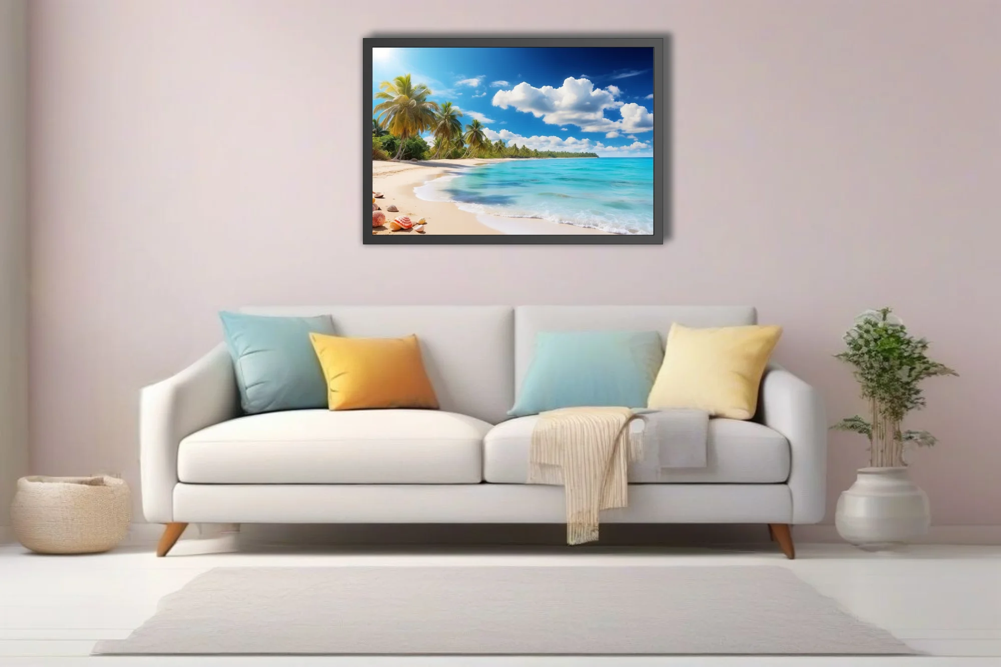 Tropical beach with turquoise water, palm trees, and bright blue sky