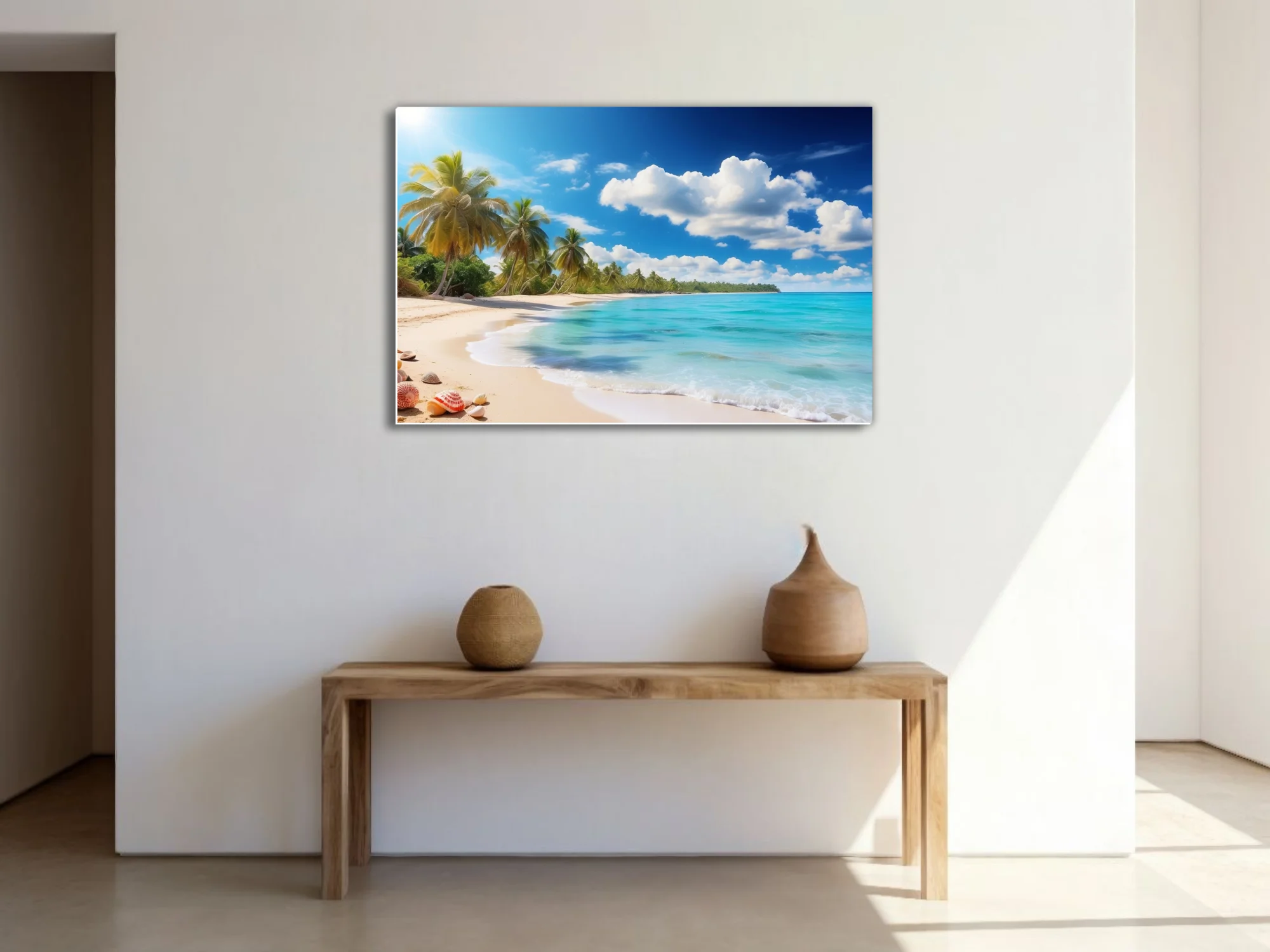 Tropical beach with turquoise water, palm trees, and bright blue sky