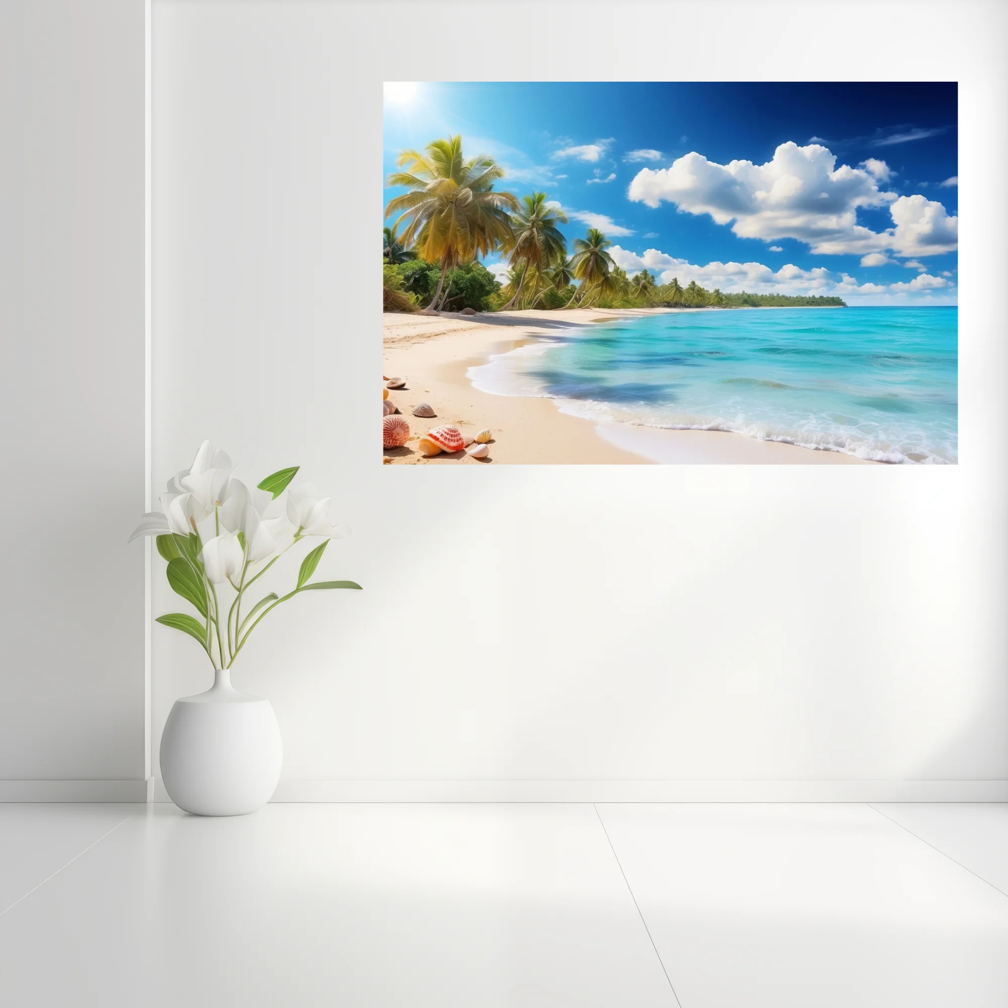 Tropical beach with turquoise water, palm trees, and bright blue sky