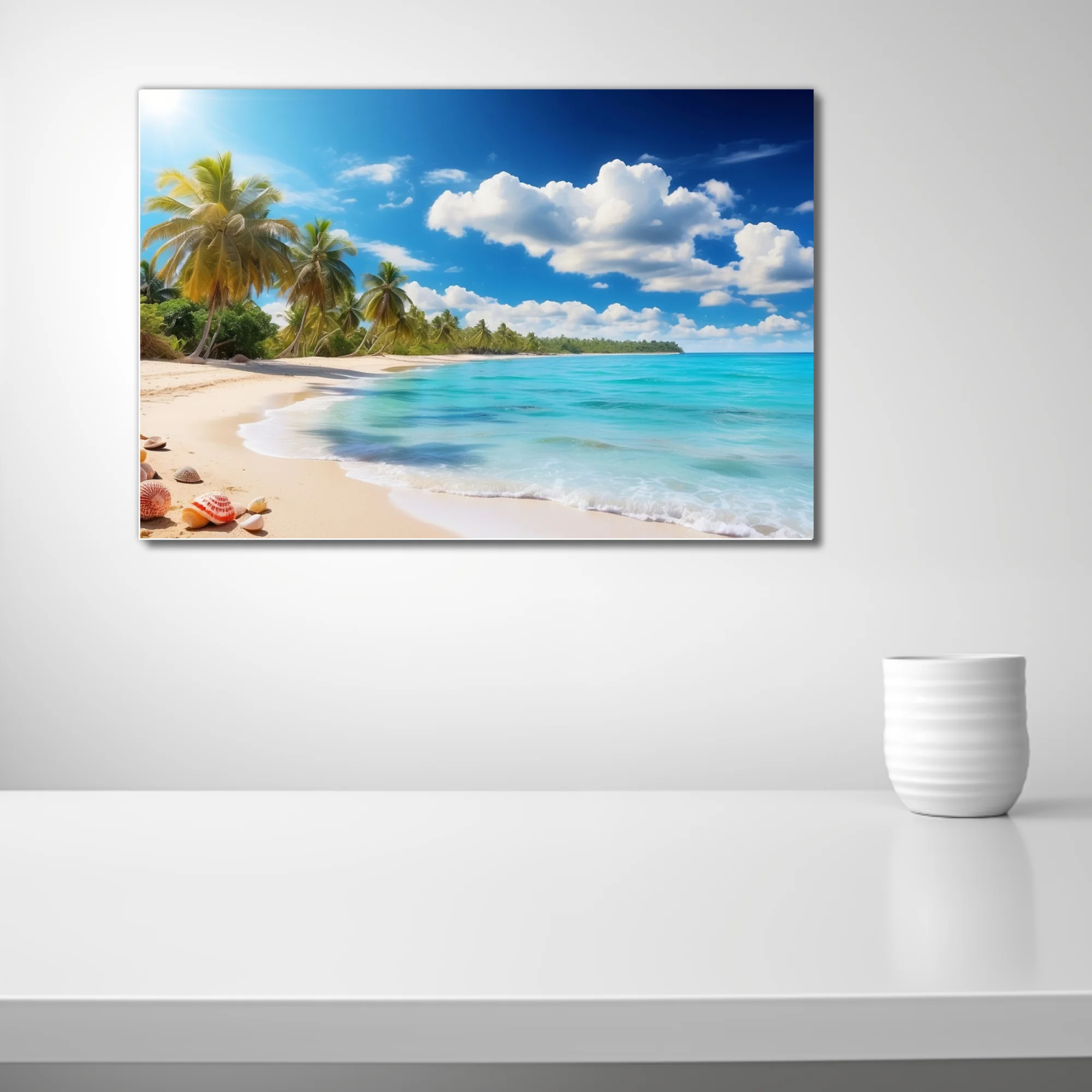 Tropical beach with turquoise water, palm trees, and bright blue sky