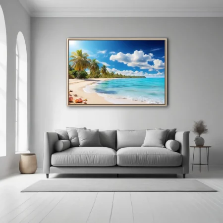 Tropical beach with turquoise water, palm trees, and bright blue sky