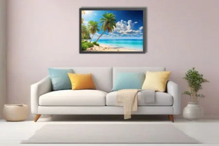 Tropical beach with palm trees, turquoise ocean, and bright blue sky