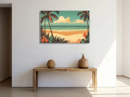 Mid-century vintage tropical beach illustration with palm trees, teal ocean, and hibiscus blooms