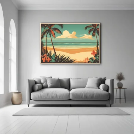 Mid-century vintage tropical beach illustration with palm trees, teal ocean, and hibiscus blooms