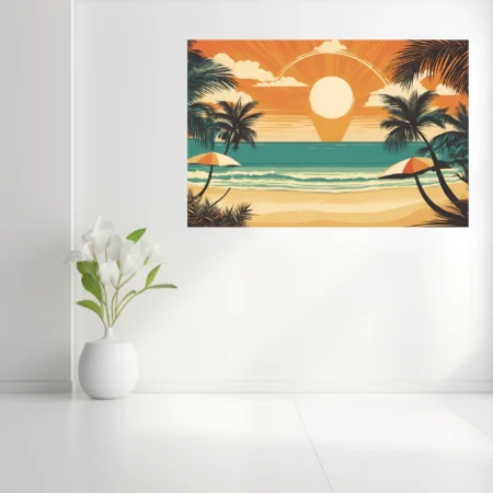 Retro vintage tropical beach sunset poster, teal ocean, orange sky, palm silhouettes