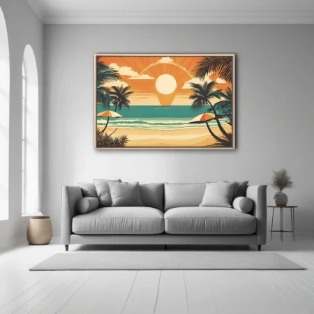 Retro vintage tropical beach sunset poster, teal ocean, orange sky, palm silhouettes