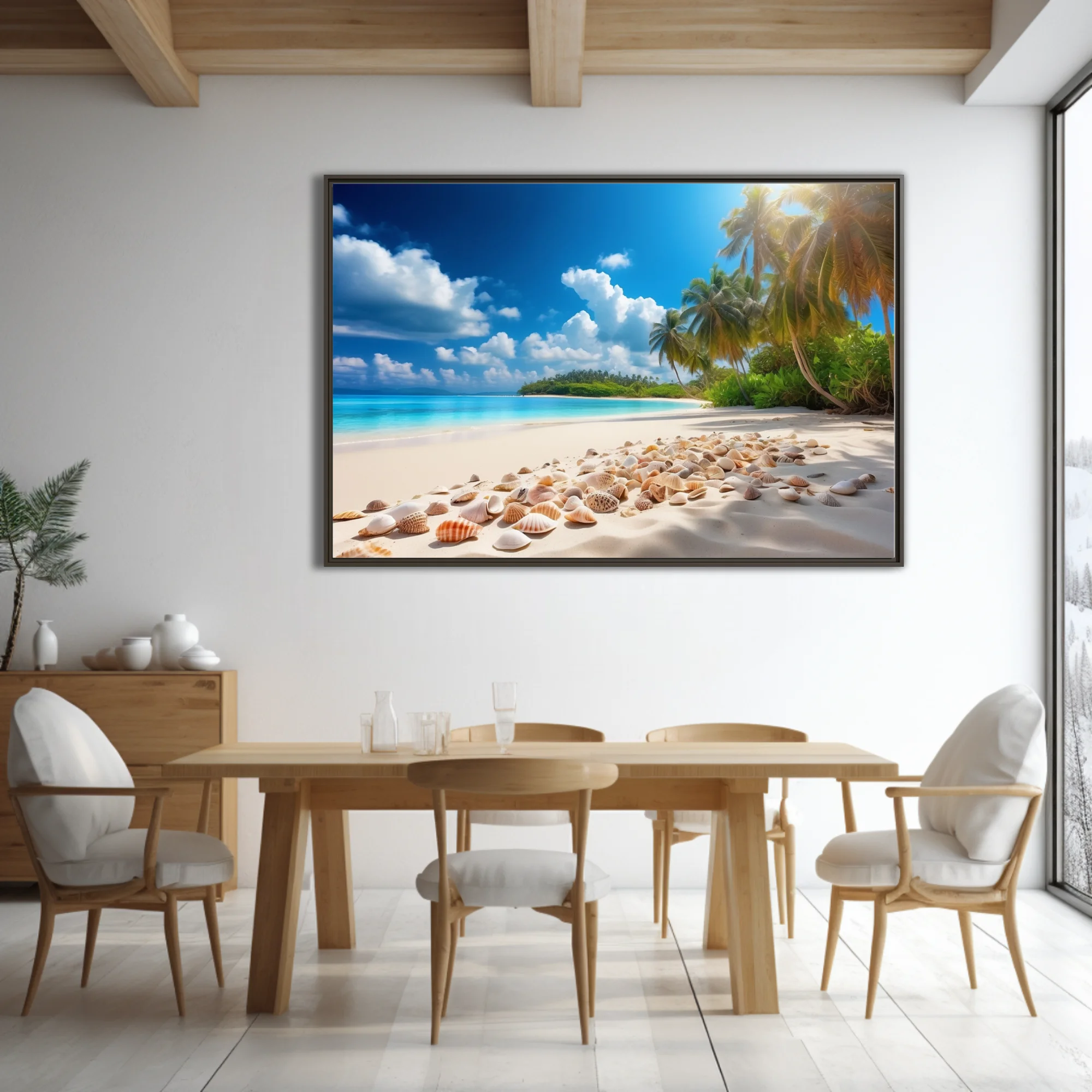 Sunny tropical beach with white sand, seashells, turquoise water and palm trees