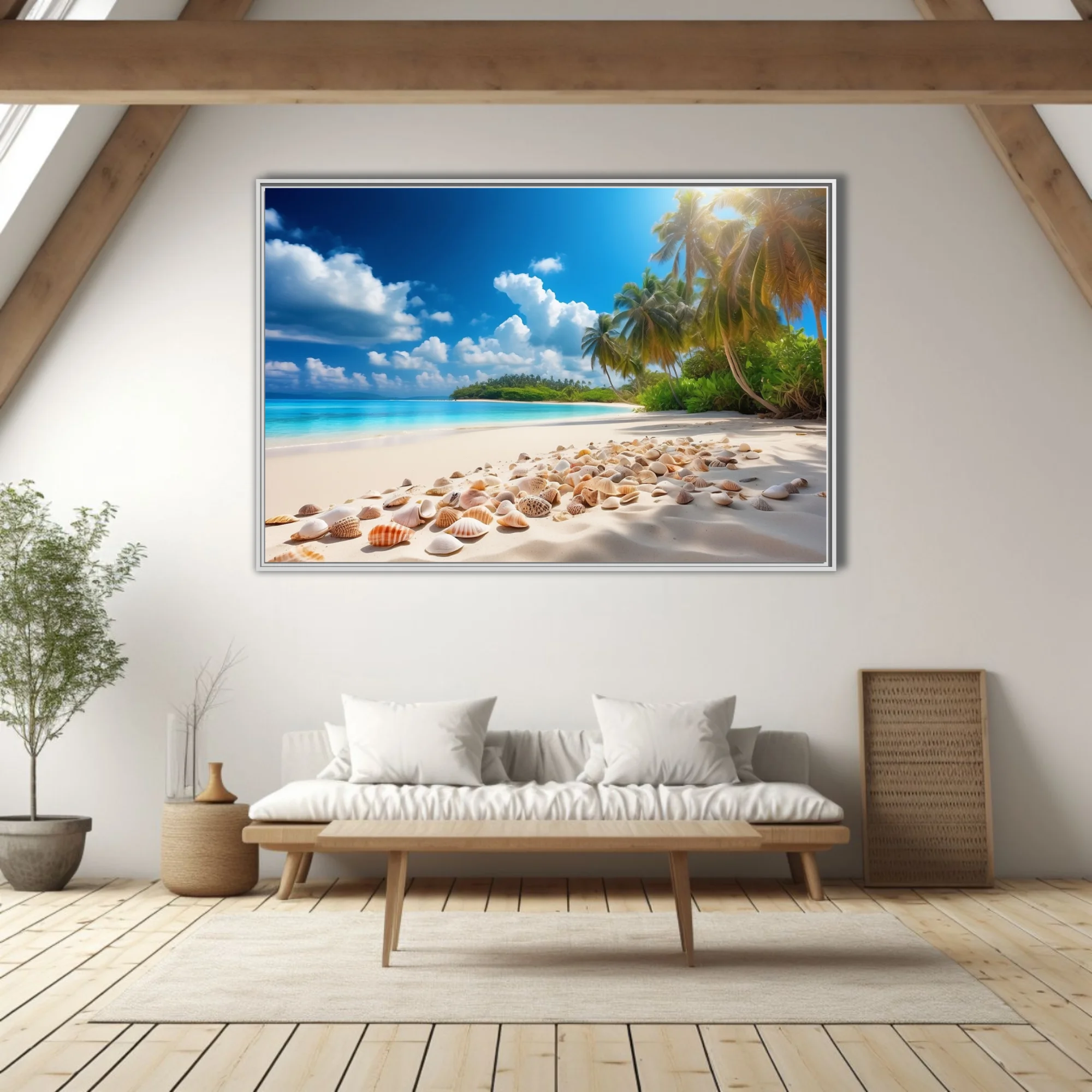 Sunny tropical beach with white sand, seashells, turquoise water and palm trees