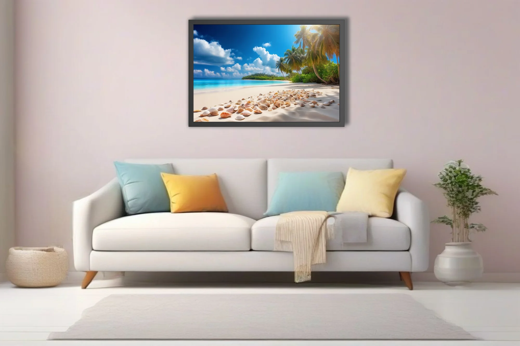 Sunny tropical beach with white sand, seashells, turquoise water and palm trees