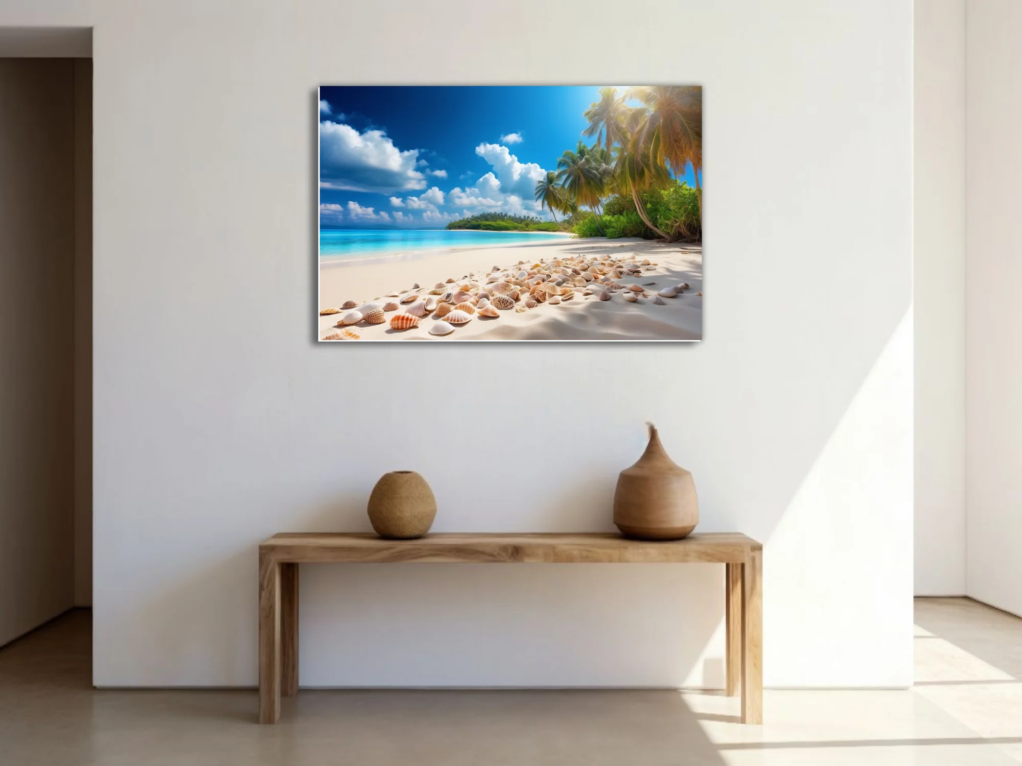 Sunny tropical beach with white sand, seashells, turquoise water and palm trees