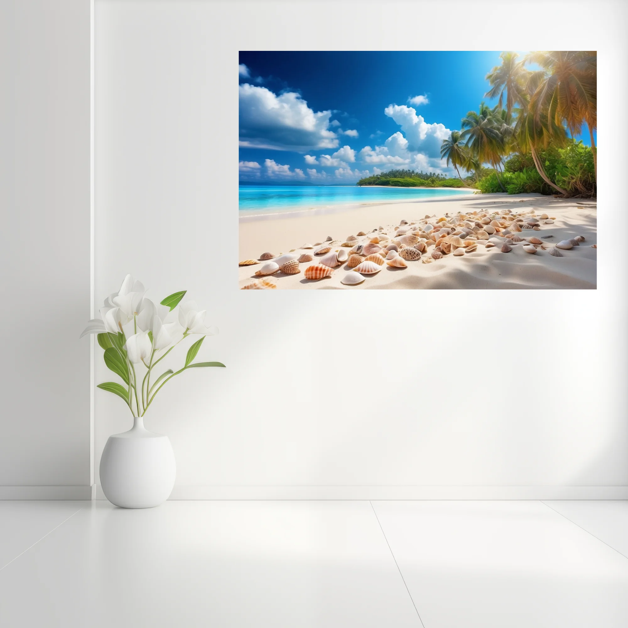 Sunny tropical beach with white sand, seashells, turquoise water and palm trees