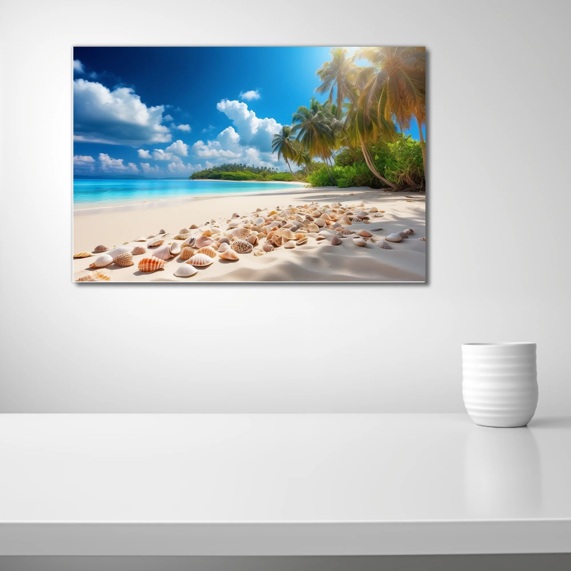 Sunny tropical beach with white sand, seashells, turquoise water and palm trees