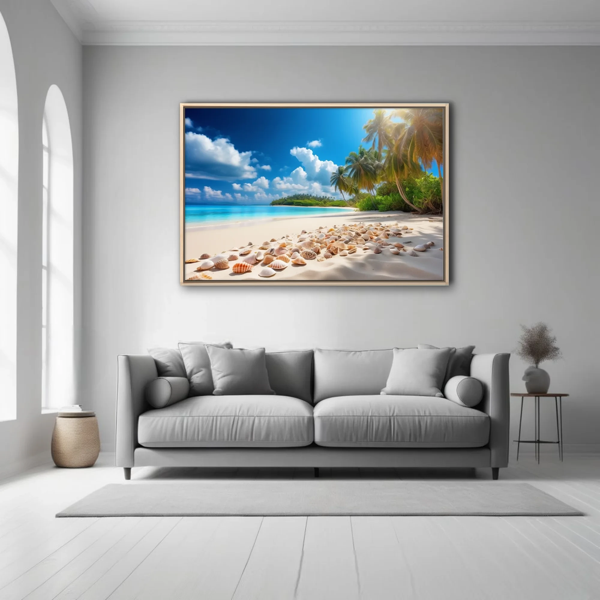 Sunny tropical beach with white sand, seashells, turquoise water and palm trees