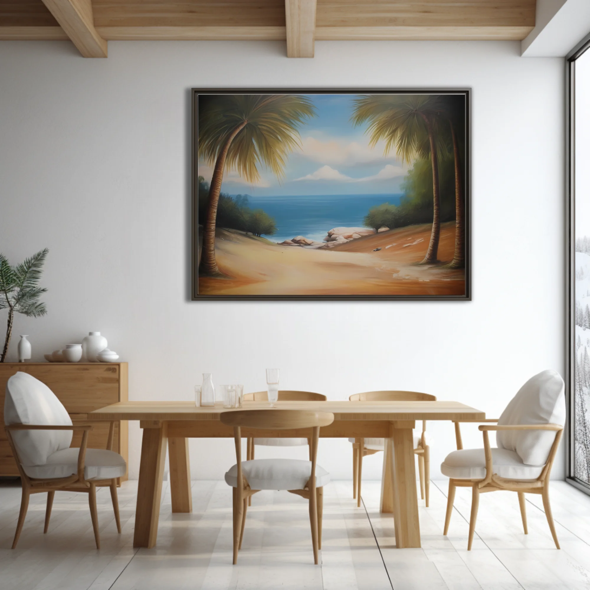 Tropical beach landscape with palm trees, blue sea, and sandy shore