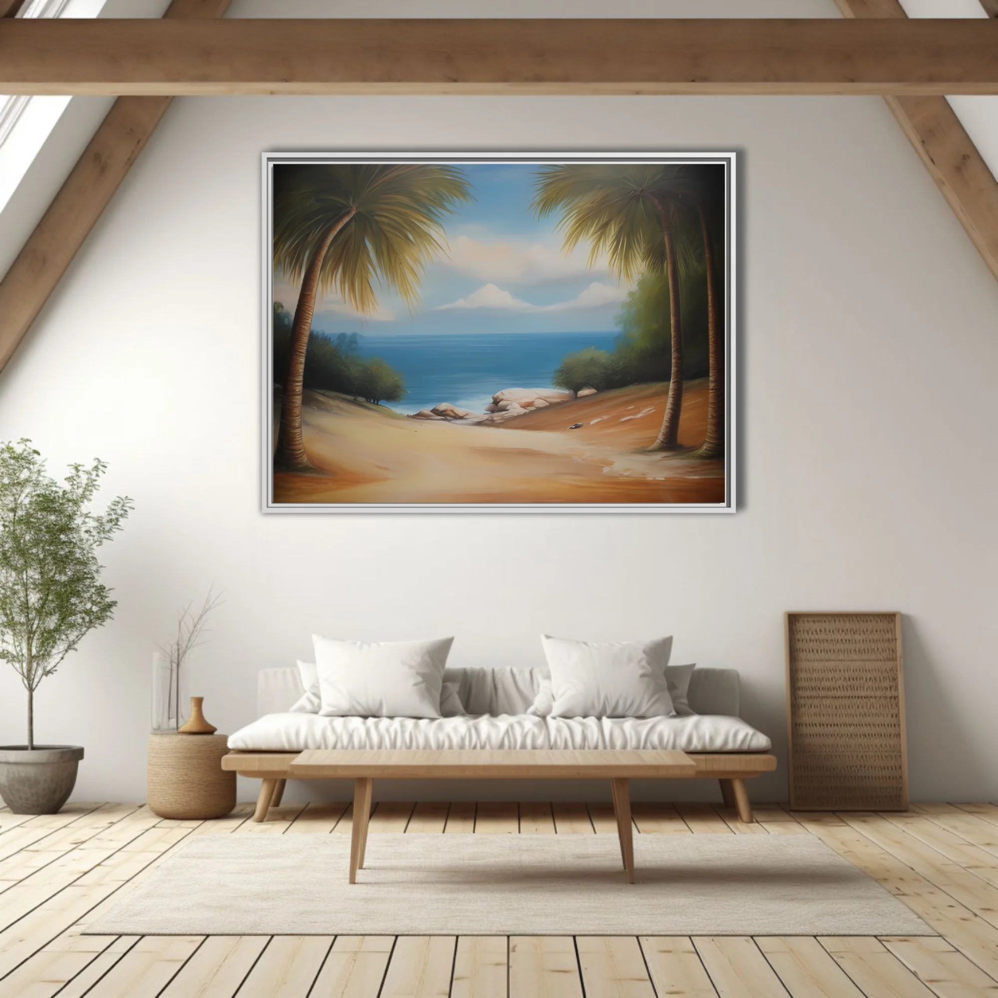 Tropical beach landscape with palm trees, blue sea, and sandy shore