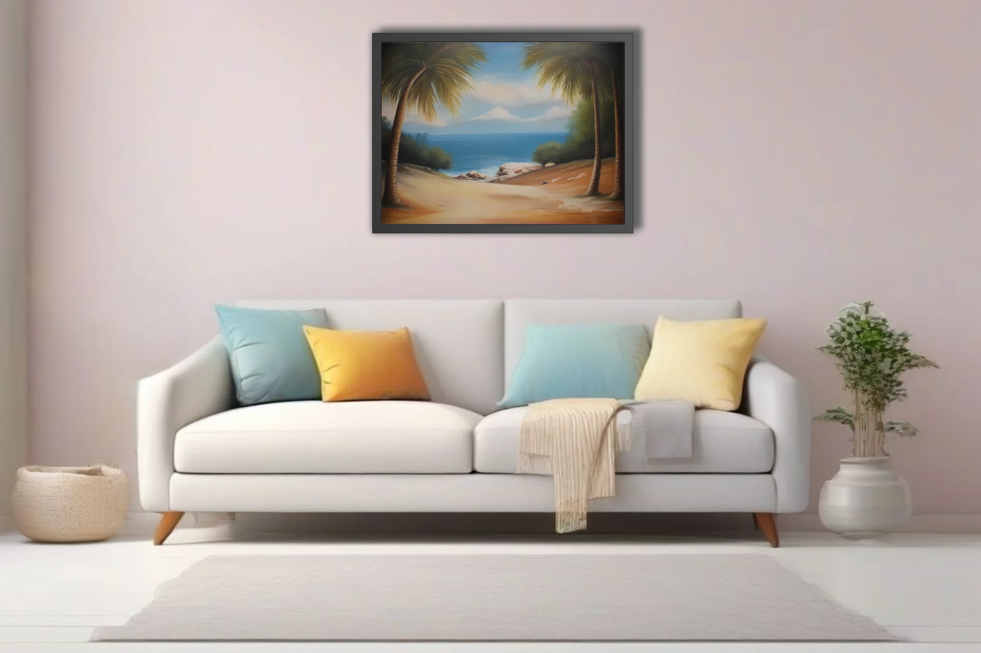 Tropical beach landscape with palm trees, blue sea, and sandy shore